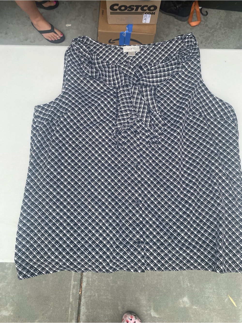 LOFT Navy and White Geometric Tie-Neck Shell - Picture 2 of 3